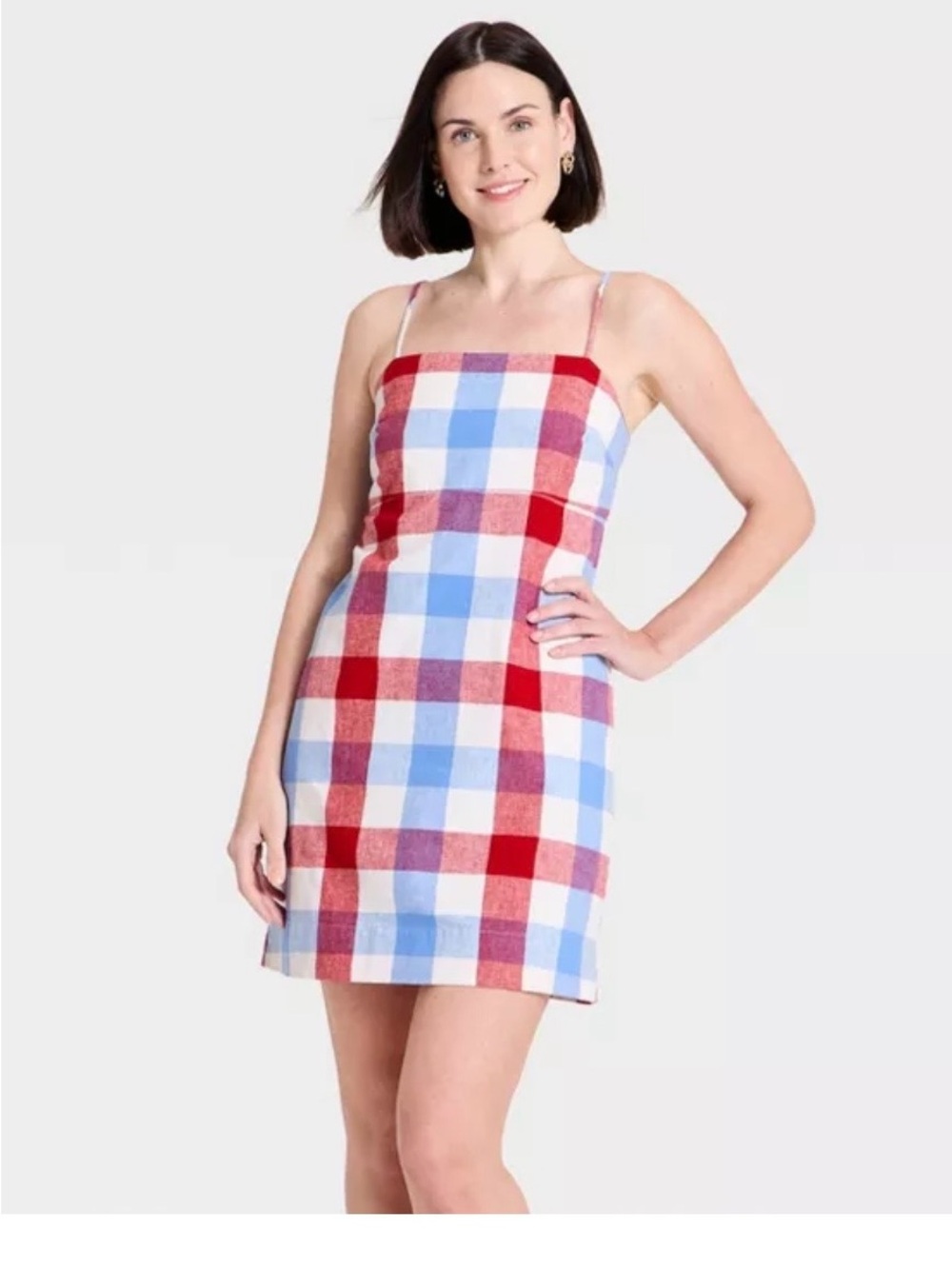 Red & Light Blue Plaid Square-Neck Mini Dress